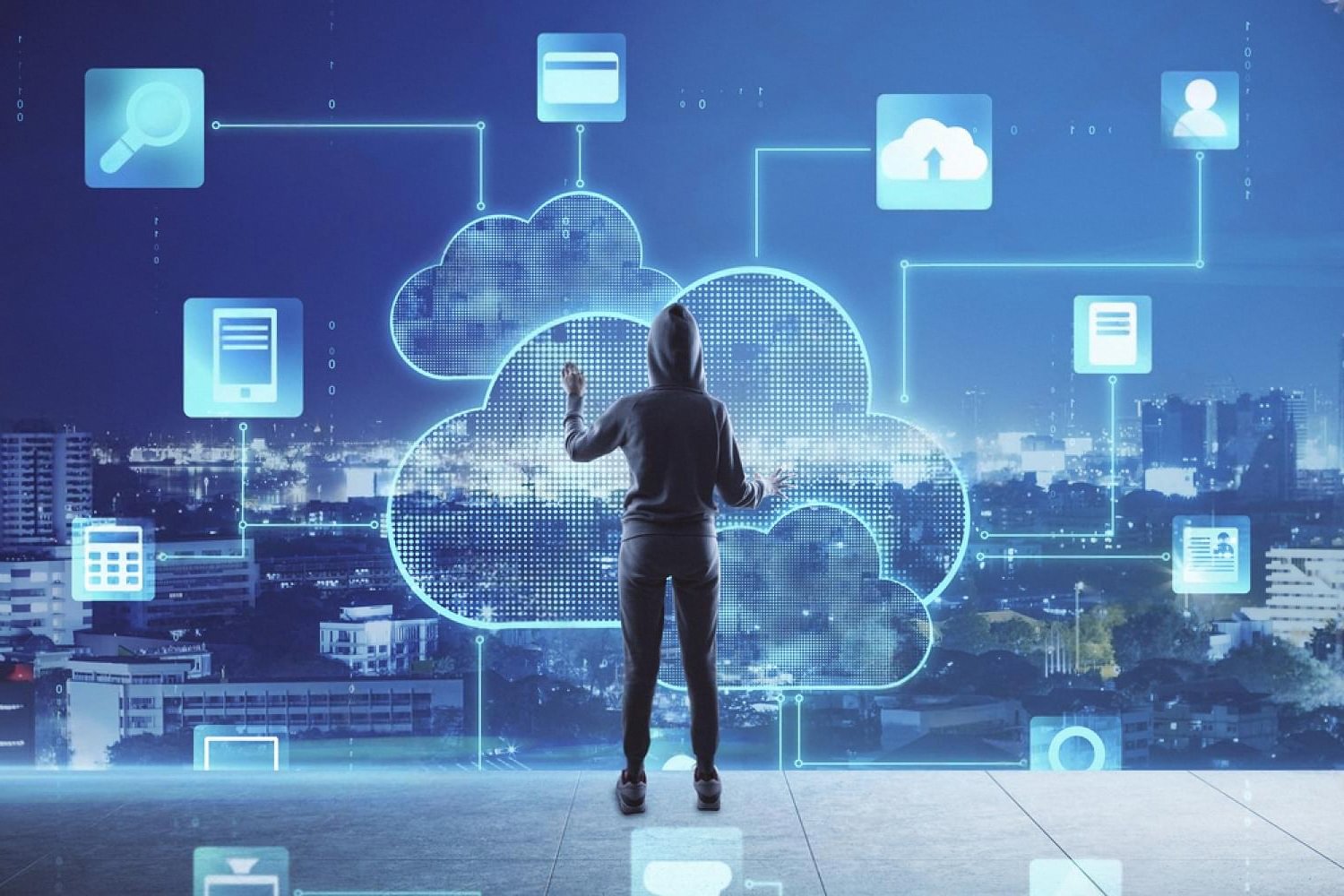 Person interacting with a cloud computing network above a UAE city skyline