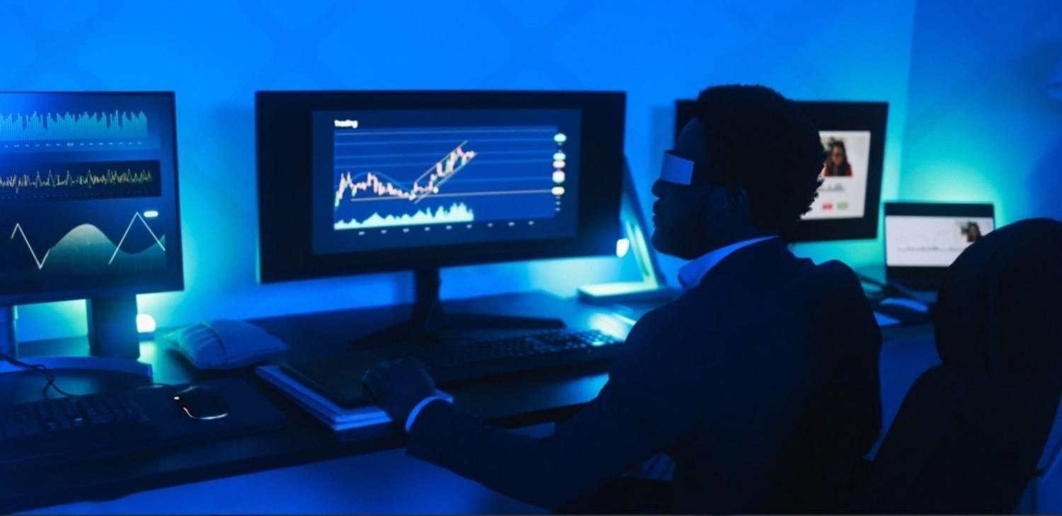 Analyst monitoring data dashboards and trading charts on multiple screens in a dark room